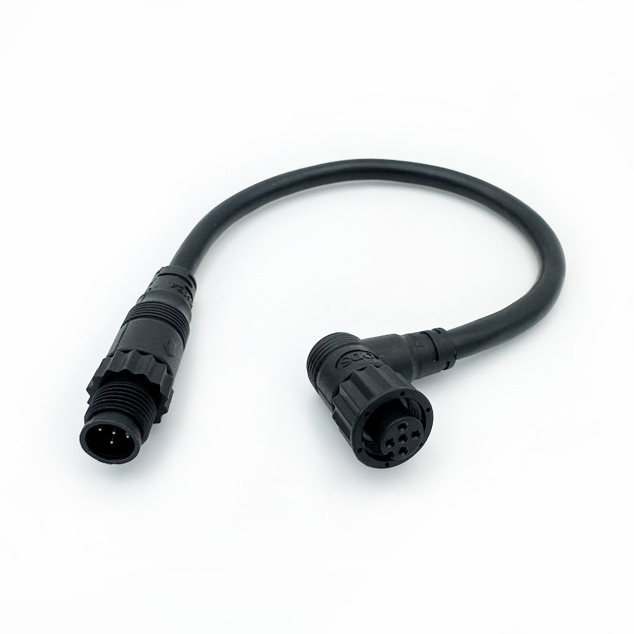 A black NMEA 2000 adapter cable with one straight male and one 90 degree female connector.