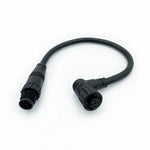 A black NMEA 2000 adapter cable with one straight male and one 90 degree female connector.