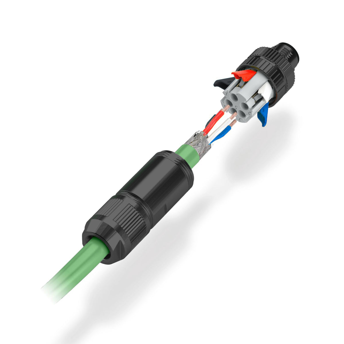 Field wire-able NMEA 2000 connector shown in exploded view with clamps open and wires stripped ready to be connected.