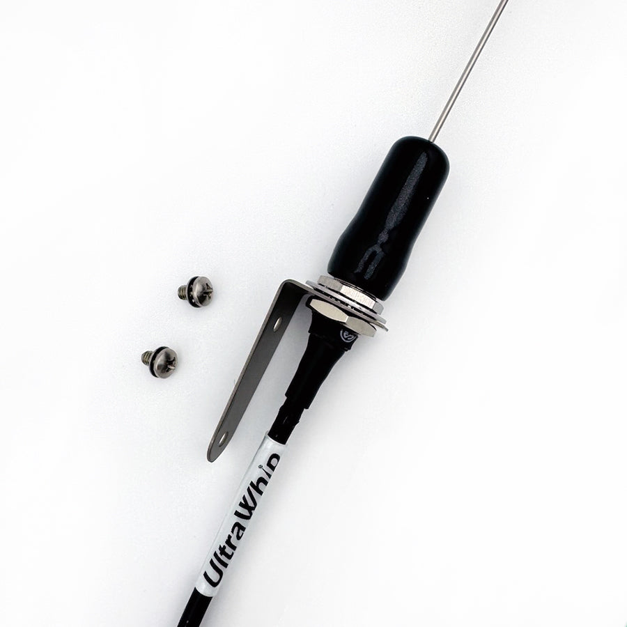UltraWhip marine VHF antenna shown assembled with 90 degree bracket, mounting hardware, and UltraWhip coax cable.