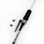 UltraWhip marine VHF antenna shown assembled with 90 degree bracket, mounting hardware, and UltraWhip coax cable.