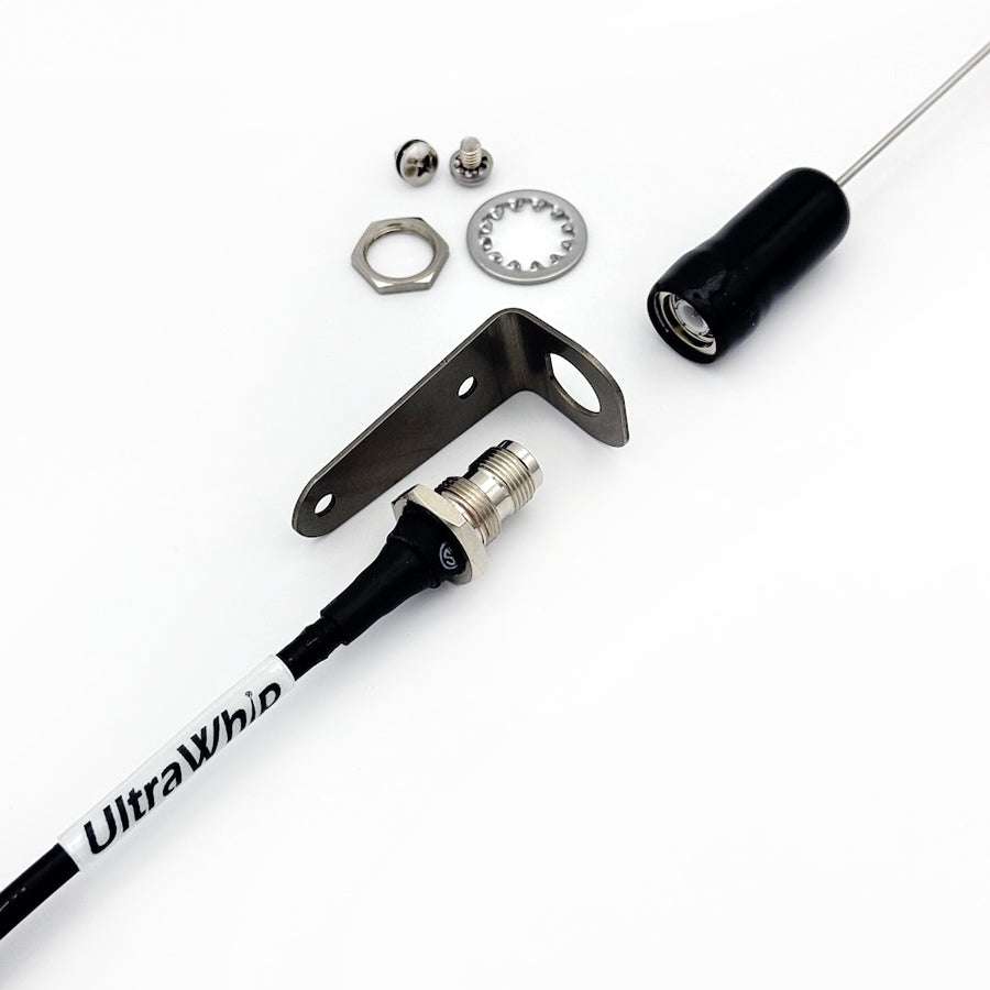 UltraWhip marine VHF antenna shown in exploded view with 90 degree bracket, mounting hardware, and UltraWhip coax cable.