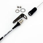 UltraWhip marine VHF antenna shown in exploded view with 90 degree bracket, mounting hardware, and UltraWhip coax cable.