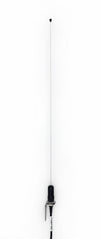UltraWhip VHF antenna shown in full on white background with 90 degree bracket and UltraWhip coax cable attached.