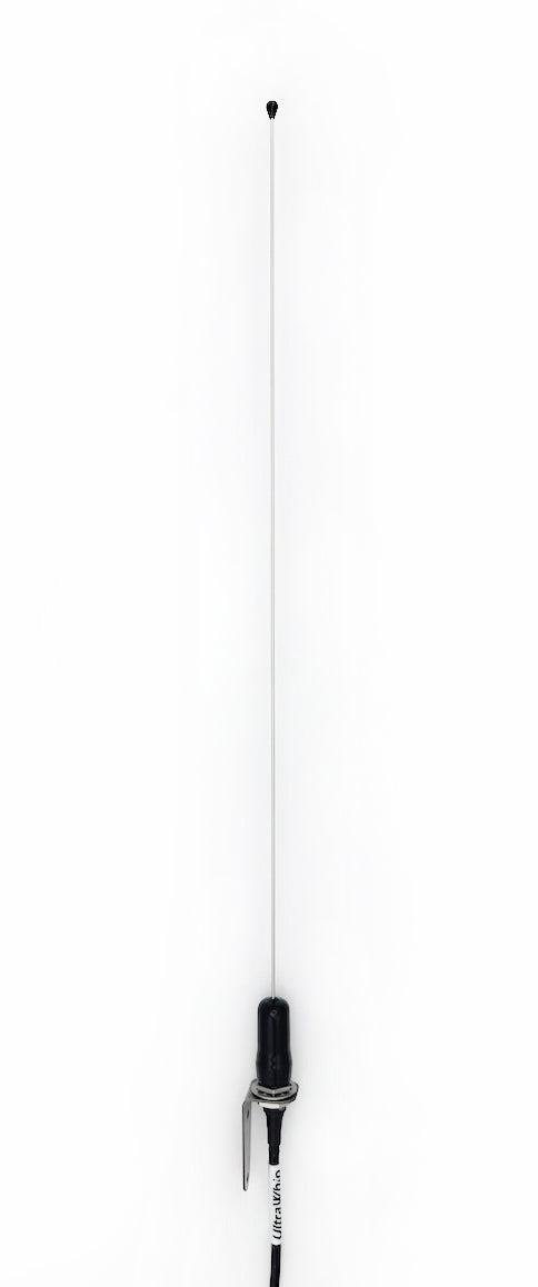 UltraWhip VHF antenna shown in full on white background with 90 degree bracket and UltraWhip coax cable attached.
