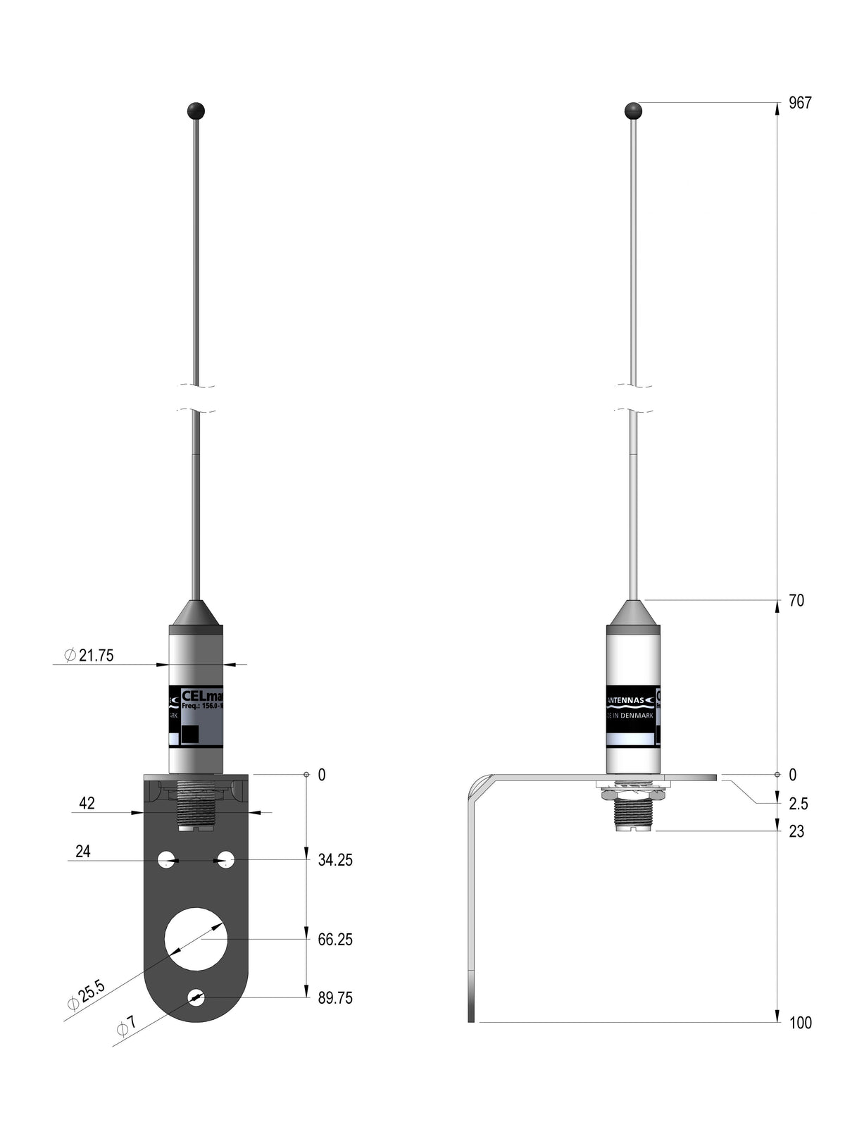Dimensional drawing of an UltraWhip 3dB antenna on a large 90 degree bracket.