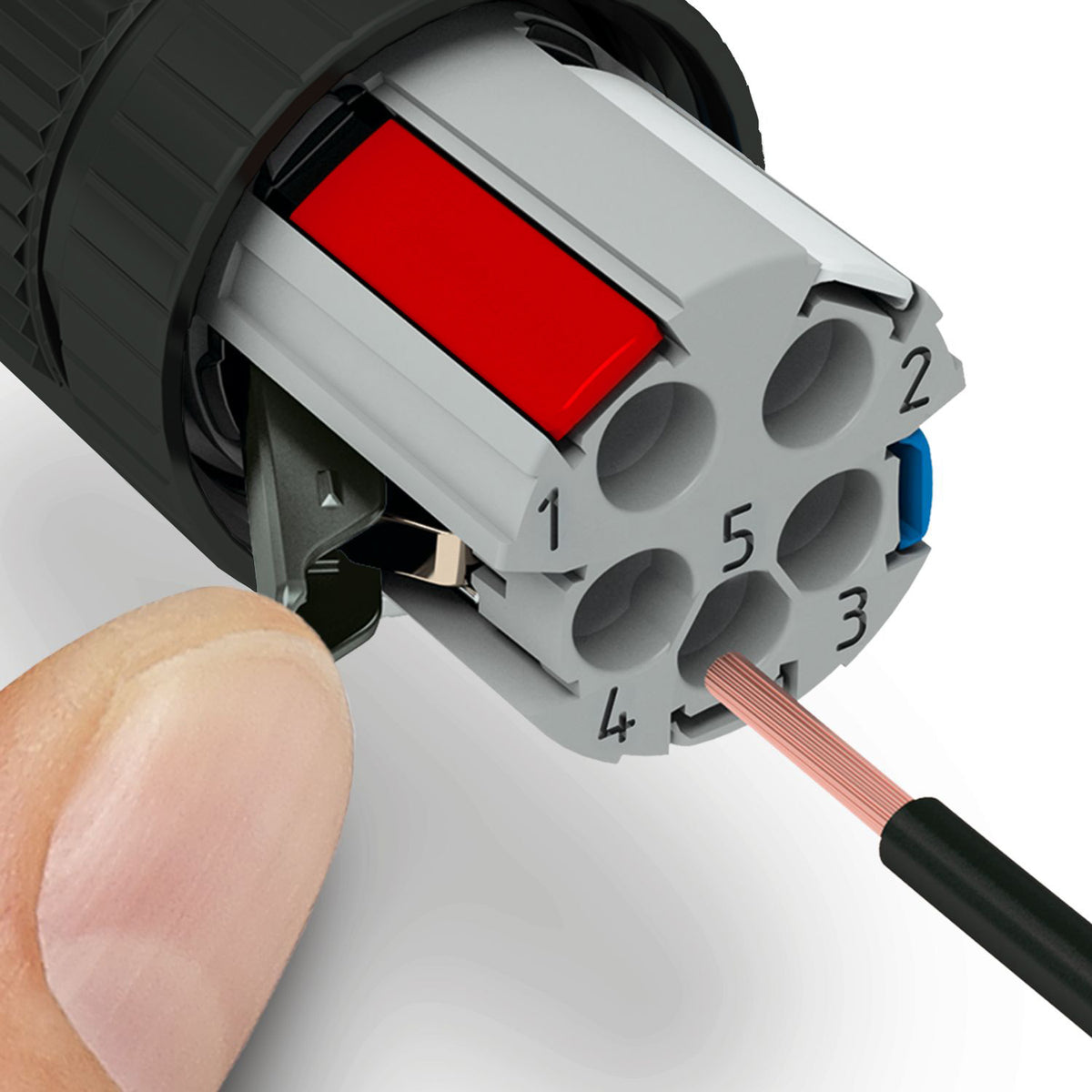 A hand is inserting a copper wire into a gray field wire-able connector with cage clamps for terminating ends of NMEA2000 cables.