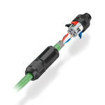 Field wire-able NMEA 2000 connector shown in exploded view with clamps open and wires stripped ready to be connected. 