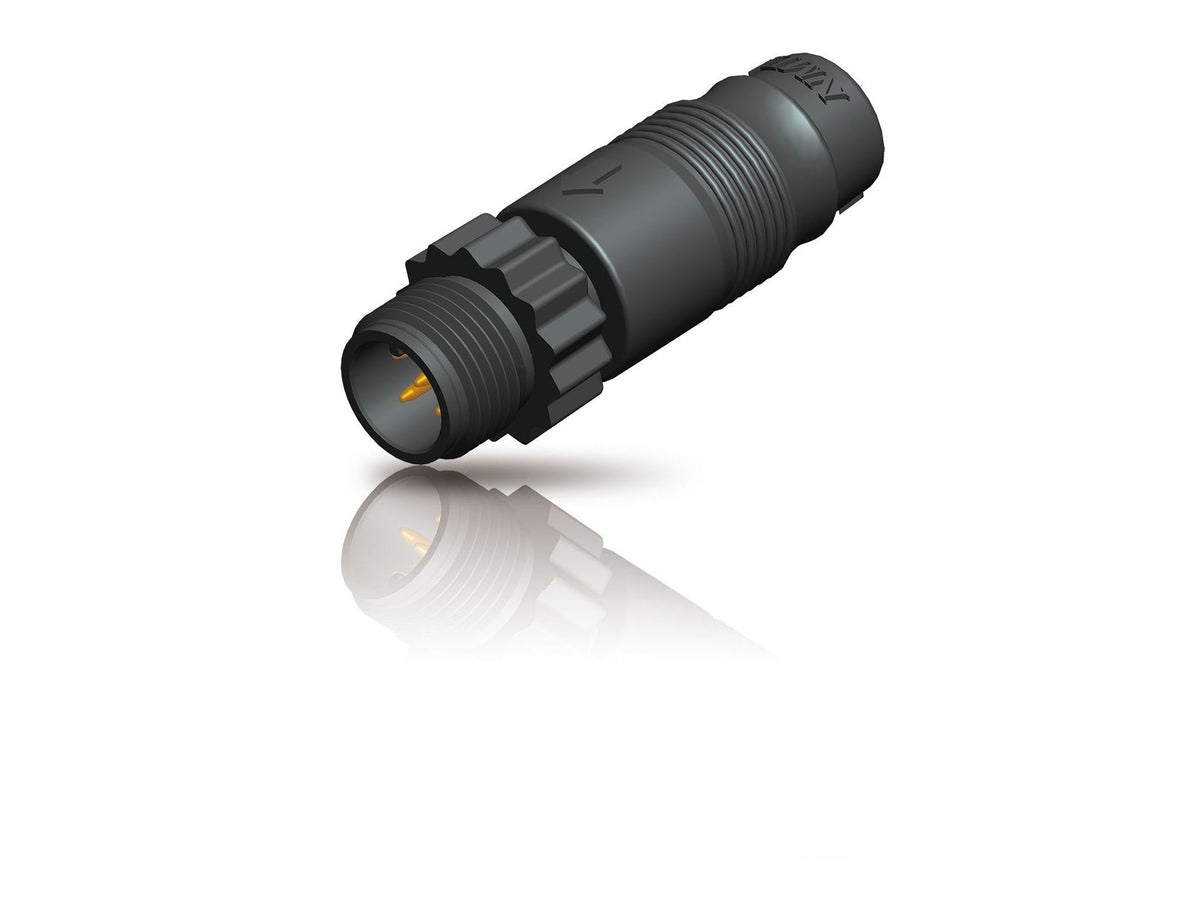 A black NMEA2000 Male Terminator for network backbones on white background