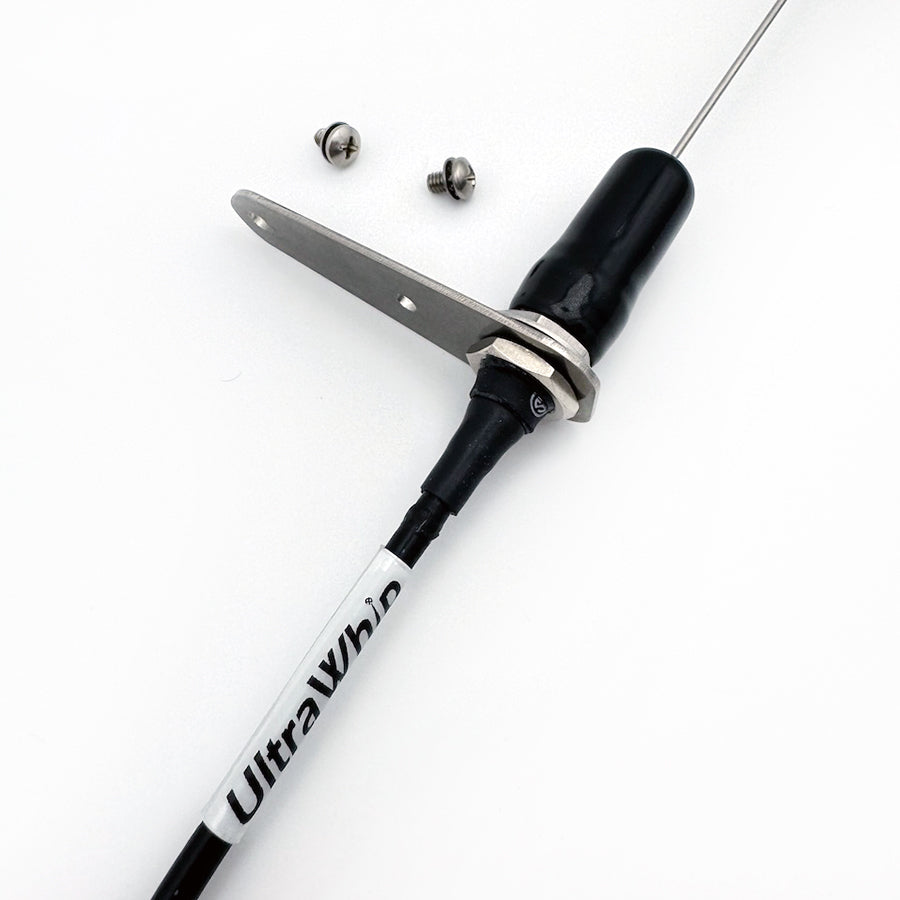 UltraWhip marine VHF antenna shown assembled with straight bracket, mounting hardware, and UltraWhip coax cable.