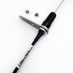 UltraWhip marine VHF antenna shown assembled with straight bracket, mounting hardware, and UltraWhip coax cable.